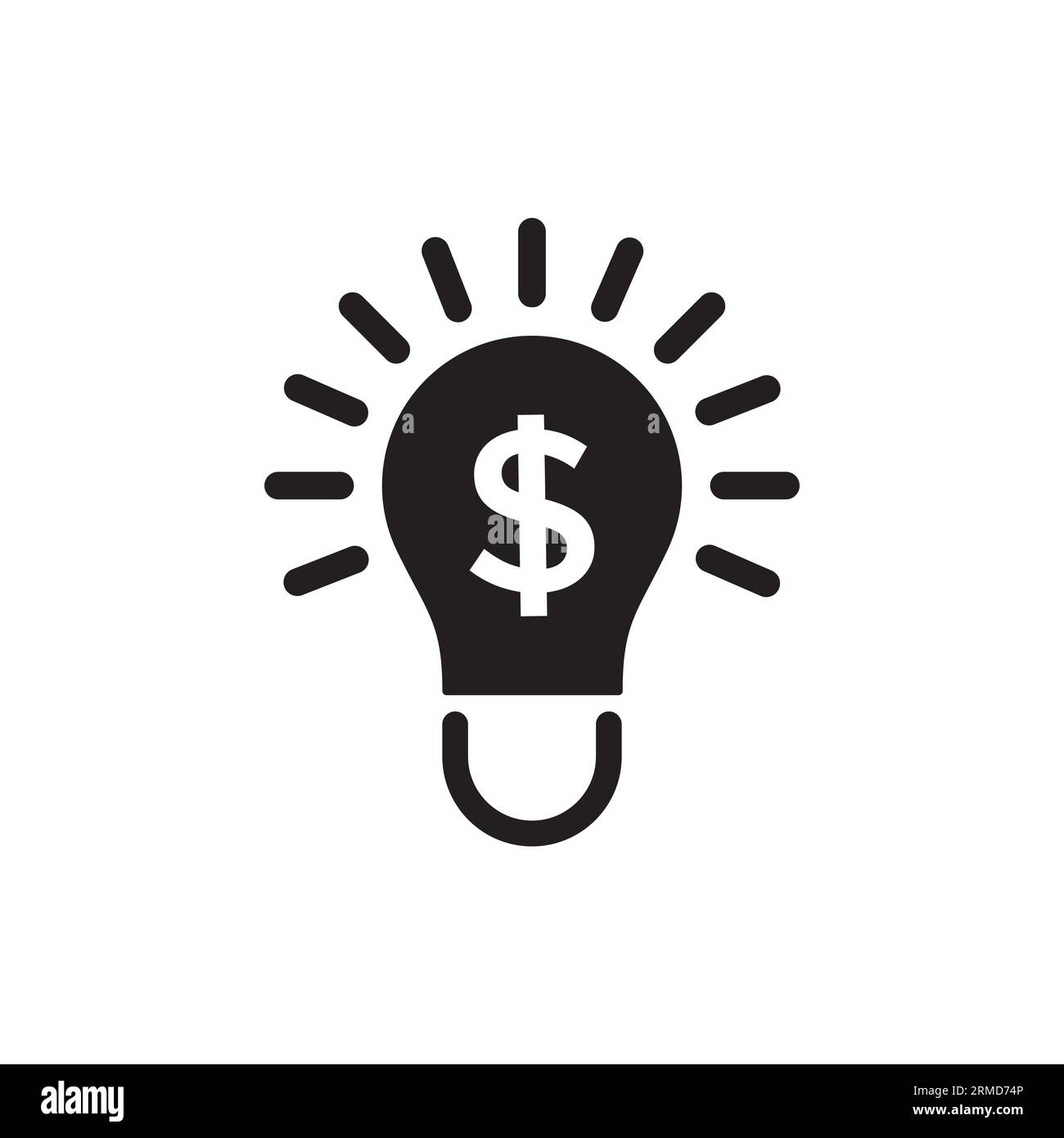 Schwarze Glühbirne mit Symbol für eine Geschäftsidee, die wie ein Dollar aussieht. Konzept einer einfachen intelligenten Strategie oder eines Piktogramms für Wirtschaftswachstum. Flacher Trend modernes Wealth-Logo Stock Vektor