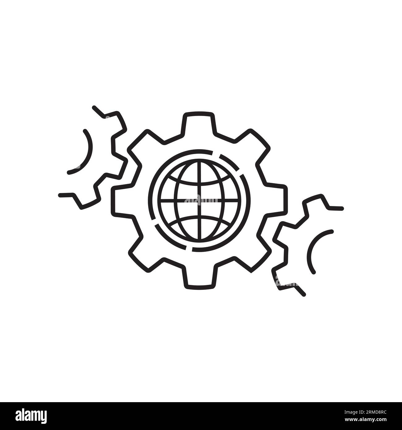 Lineares Zahnrad mit Weltsymbol wie effektive Industrie. Linearer Trend modernes grafisches Strichdesign, Netzelement isoliert auf weiß. Konzept des Internats Stock Vektor