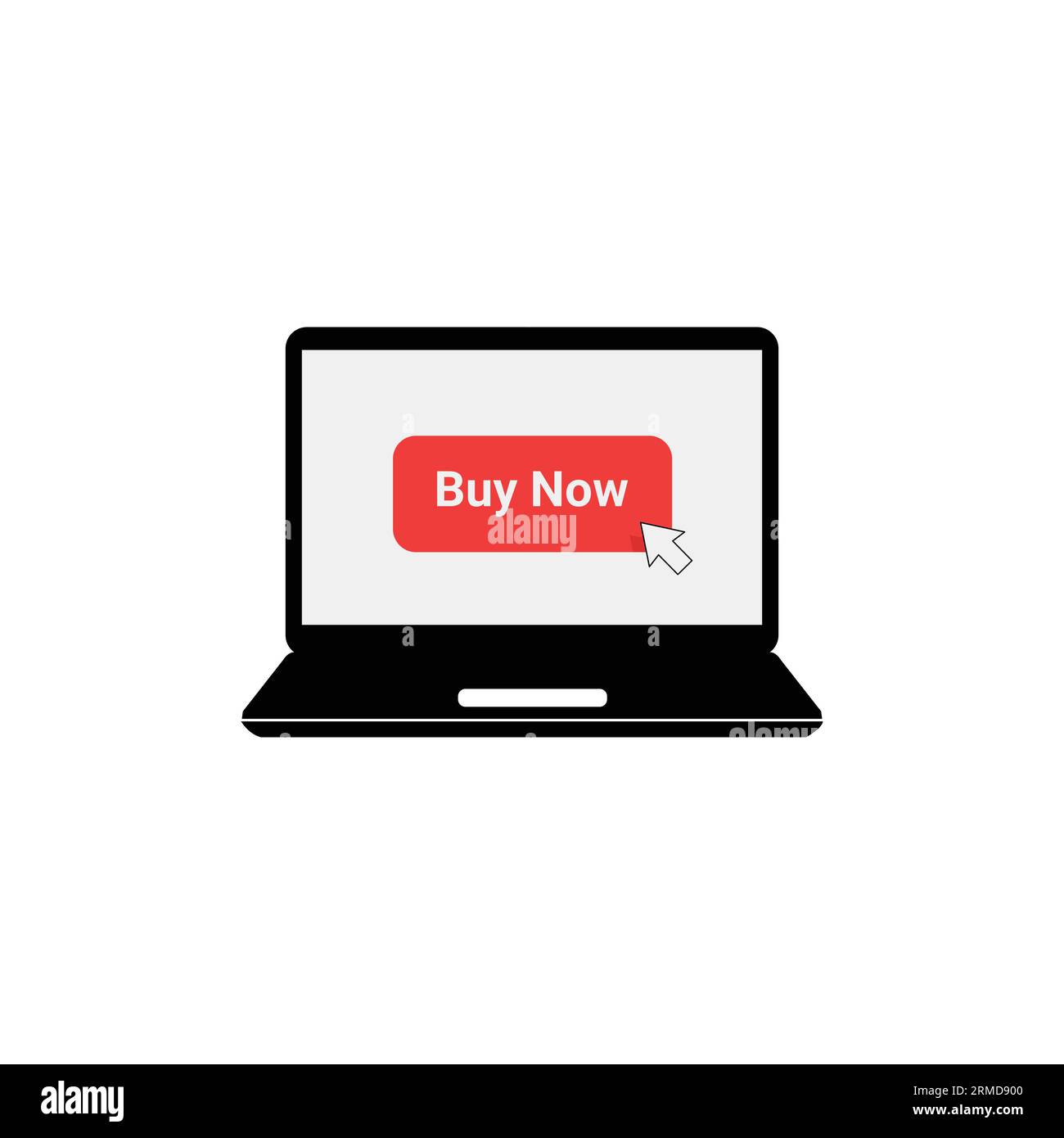 Schwarzes Notebook mit roter Schaltfläche „jetzt kaufen“. Flaches, einfaches cpc-Logo-Grafikdesign isoliert auf weißem Hintergrund. Konzept der einfachen Entscheidungsfindung durch den Kunden oder Stock Vektor