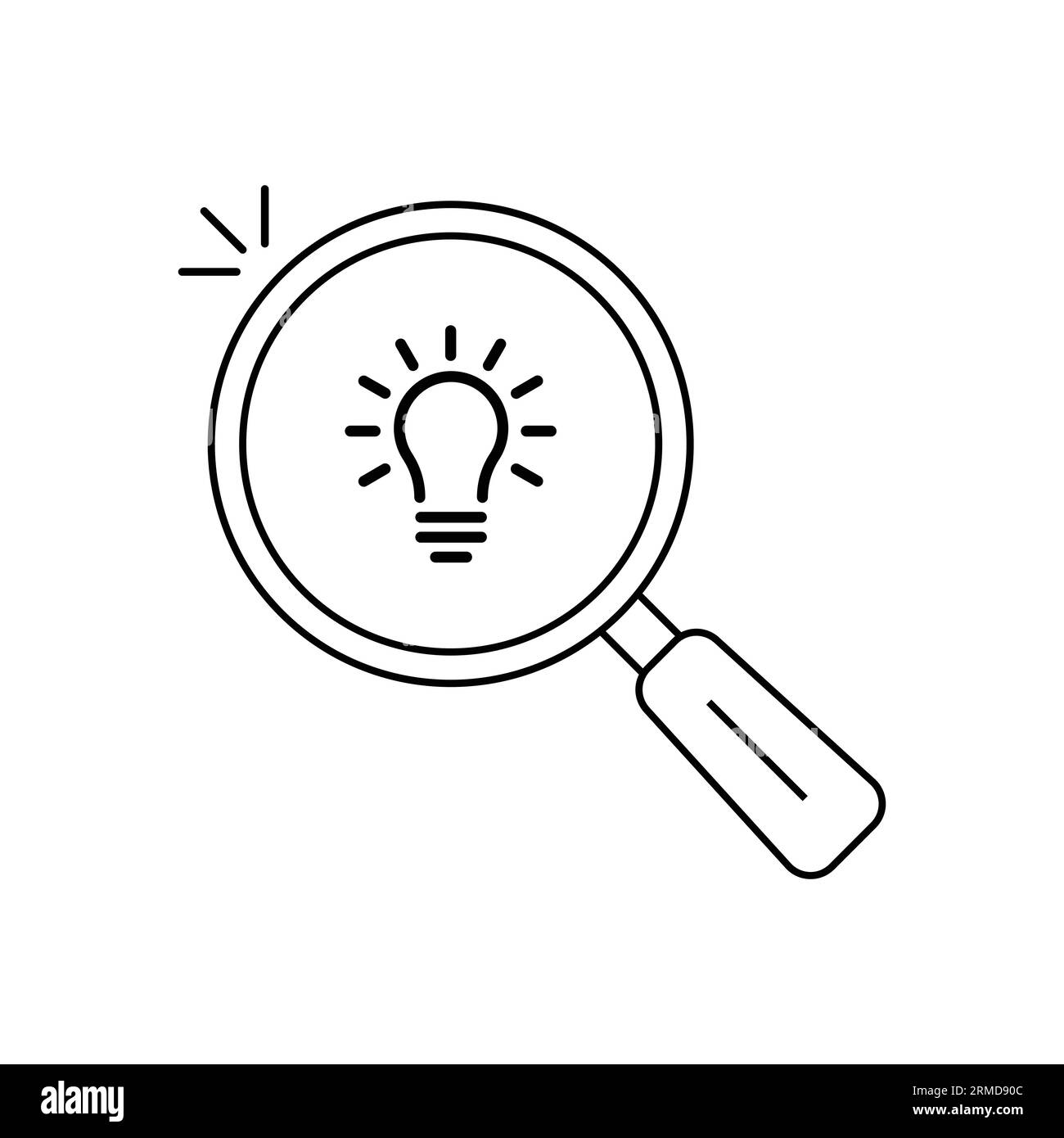 Schwarzes, dünnes Lupenglas mit Glühlampe innen. Flaches, lineares, einfaches Trenddesign modernes, visionäres Design mit Logotyp, isoliert auf weiß. sugg-Konzept Stock Vektor