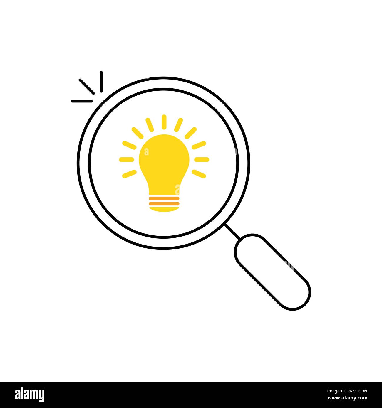 Symbol „Ideen finden“ mit dünner Lupe. Konzept der Einfachheit der Vorschläge oder des Umfragen- und Lernprozesses. Flach linear einfacher Trend Moderne Visionalität o Stock Vektor