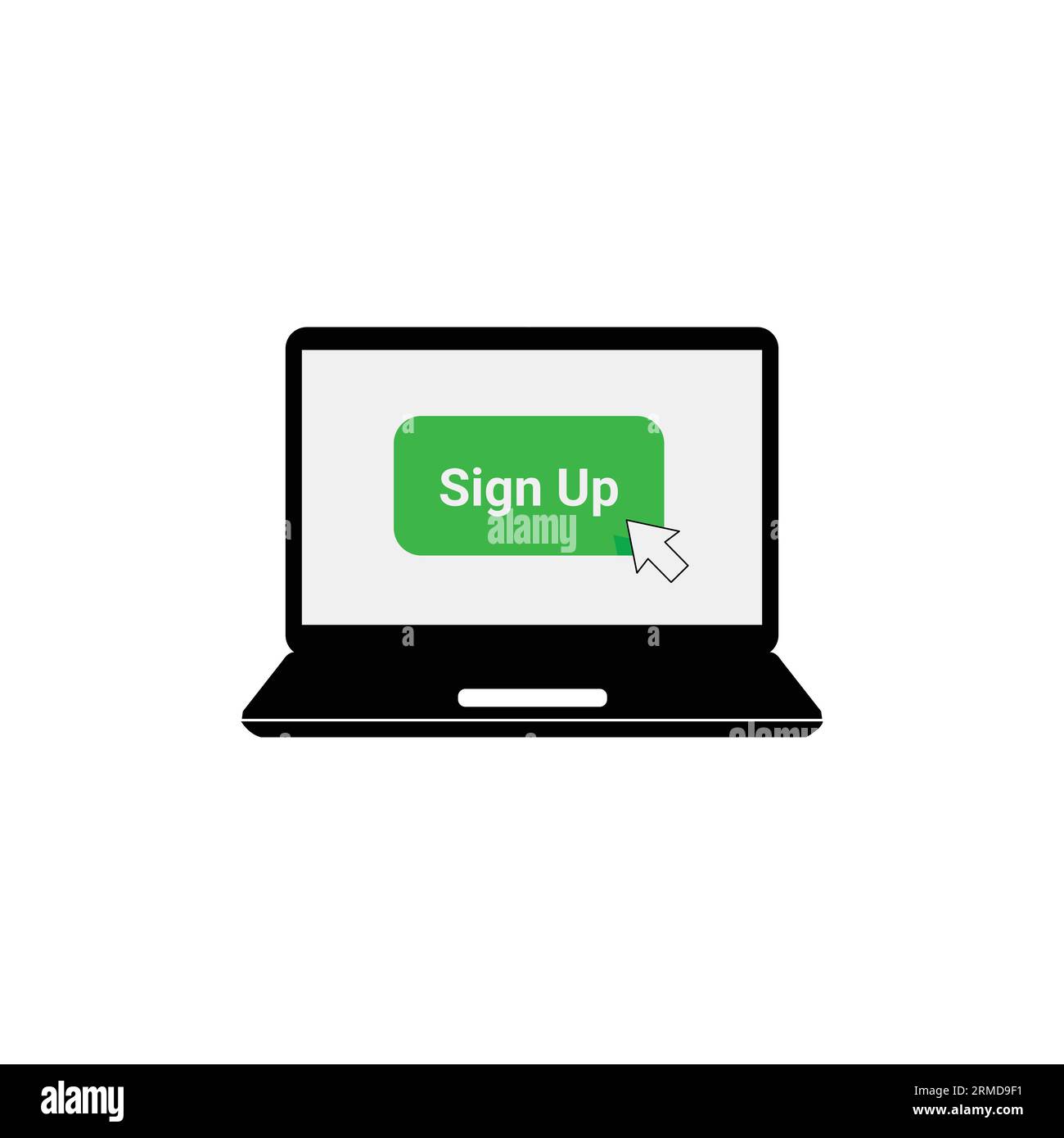 Grüne Anmeldetaste auf dem Laptop-Bildschirm. Konzept der Anmeldung vor Ort oder jetzt für Community- und offene Registrierung. Flache Zeichentrickgrafik mit modernem Logo Stock Vektor