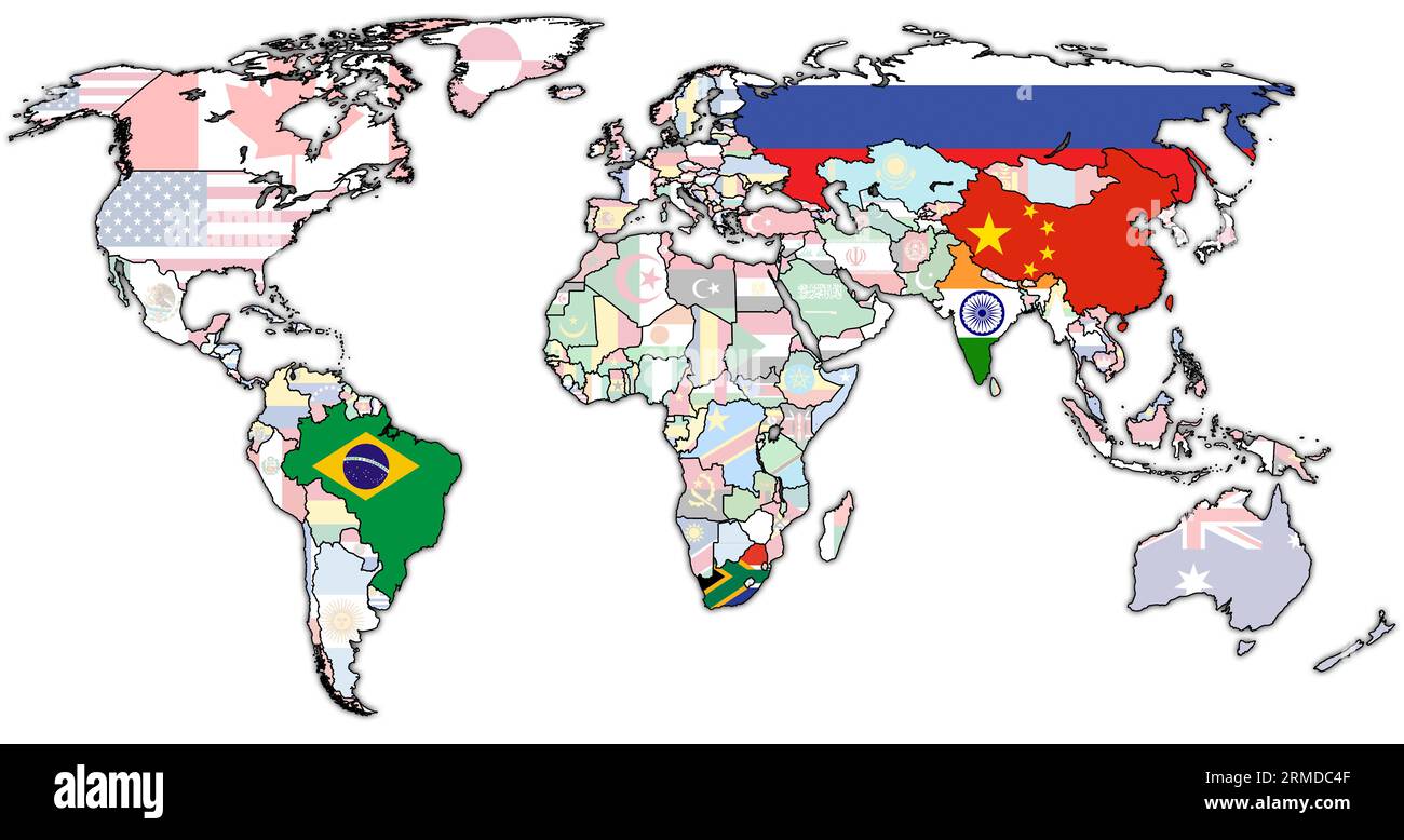 BRICS-Mitgliedsländer Flaggen auf politischer Weltkarte mit nationalen Grenzen Stockfoto