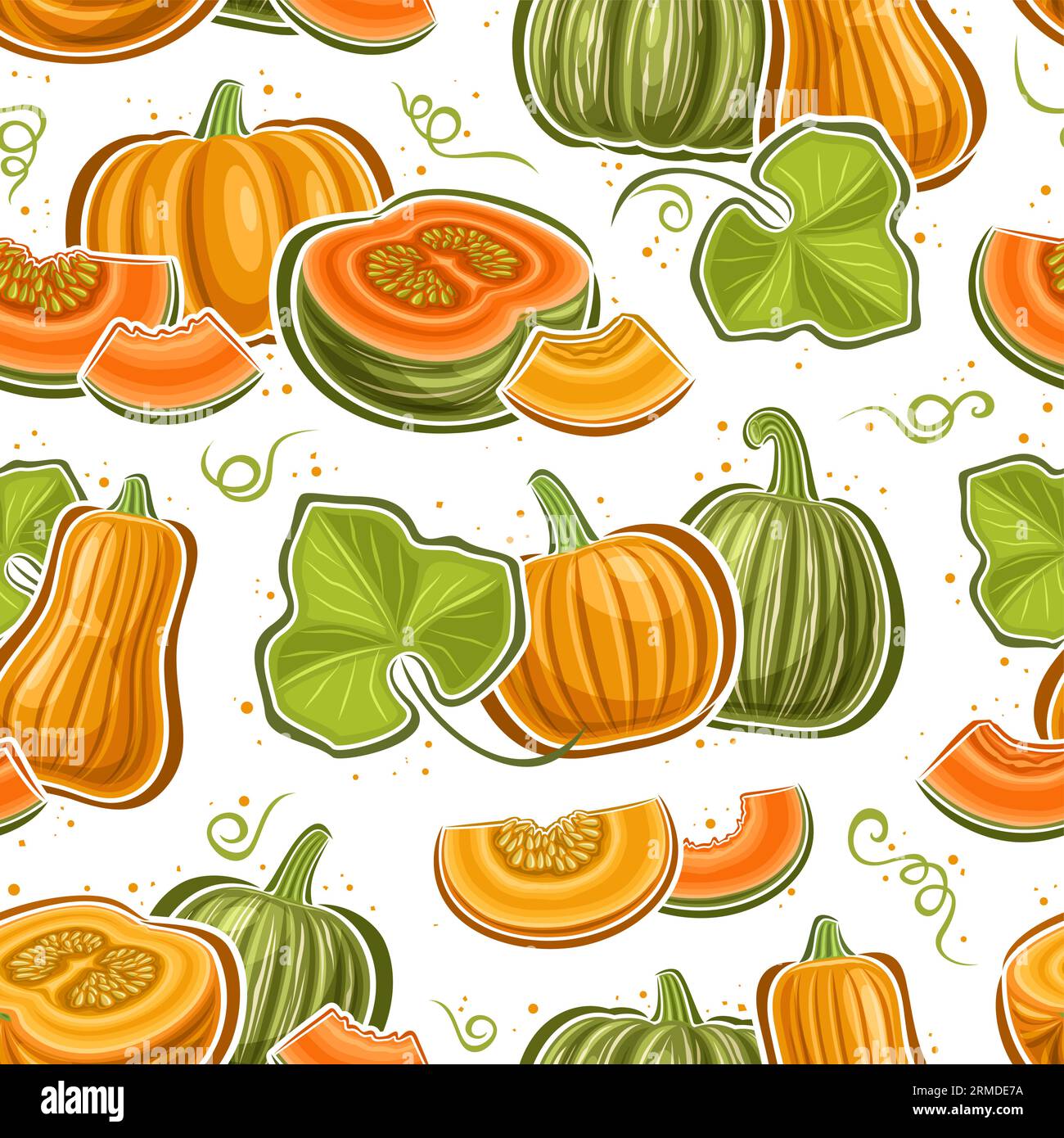 Vector Pumpkin Seamless Pattern, wiederholter Hintergrund mit Illustrationen von reifem Kürbis und Kabocha Stillleben Kompositionen für Geschenkpapier, Quadrat p Stock Vektor