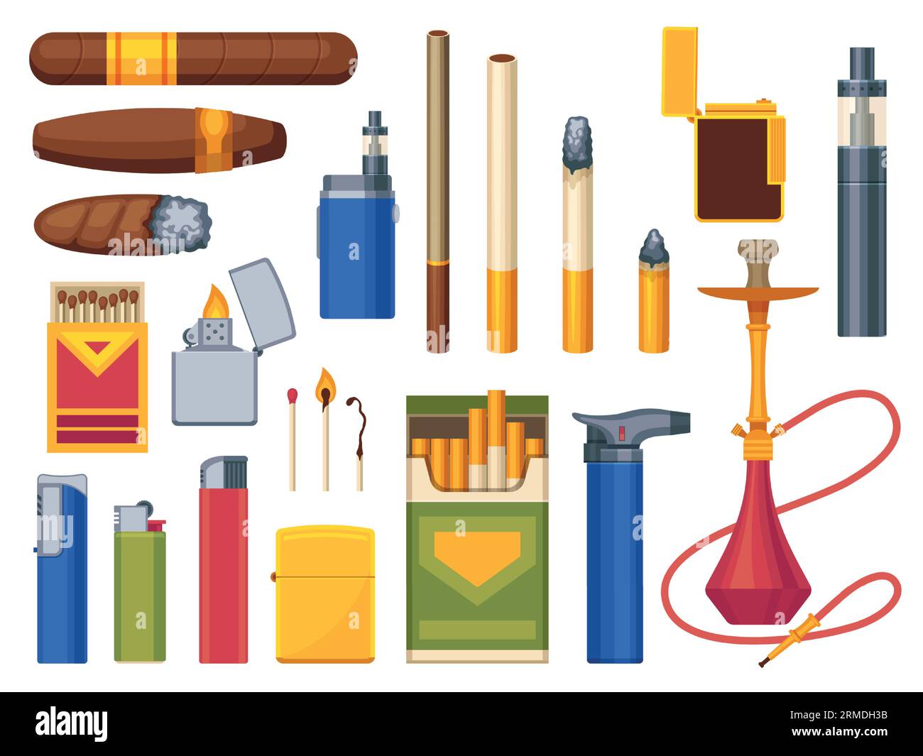 Rauchersucht-Sammlung. Cartoon-Zigarette, Zigarre und Shisha mit Feuer, Tabak und Rauchzubehör, Gewohnheits-Produkt-Ikonen. Vektor-isoliertes Set Stock Vektor