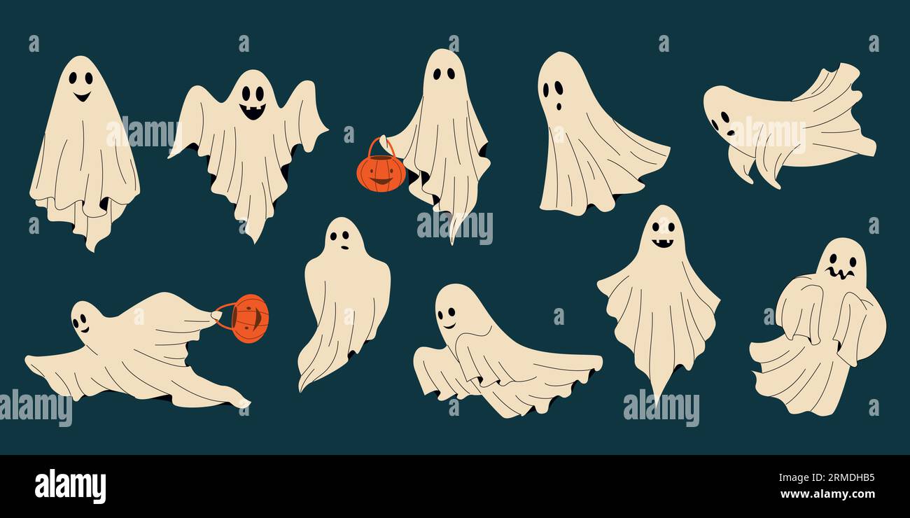 Niedlicher Geist. Schaurige Fantasy-Charaktere mit gruseligen Ausdrücken, lustigen gruseligen Monster-Tricks oder Treat-Elementen. Vector Halloween Set Stock Vektor
