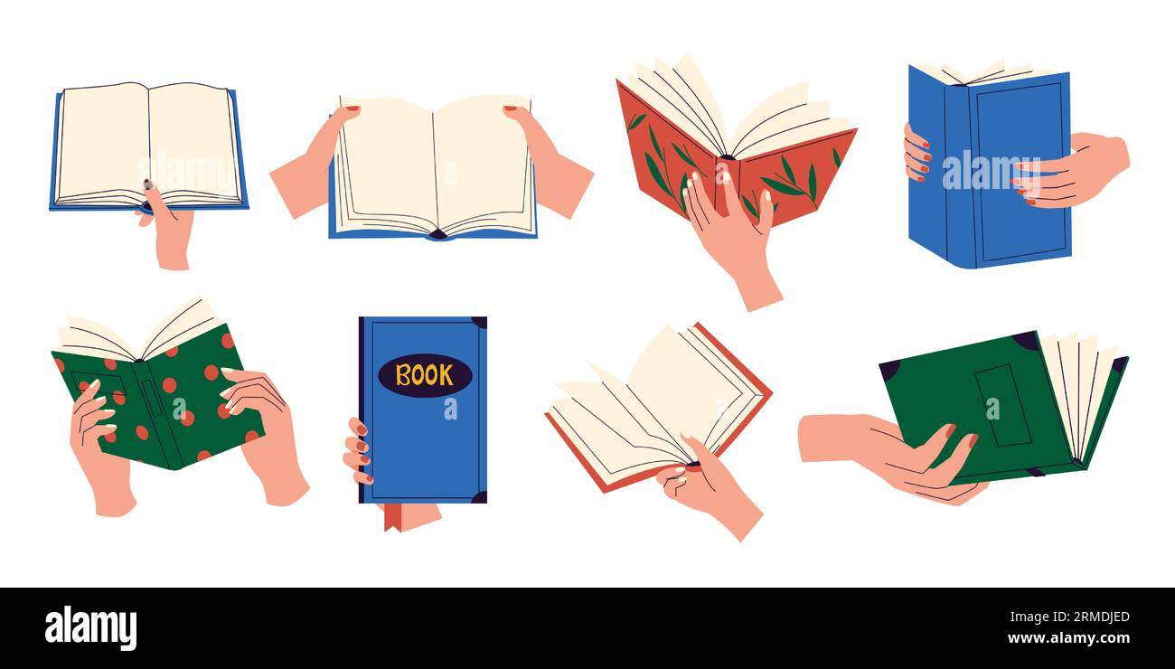 Hände halten Bücher. Gruppe von Menschen, die gemeinsam lesen, Bildung und Lernkonzept. Vektor-Illustration von Lesern und Teilen Stock Vektor
