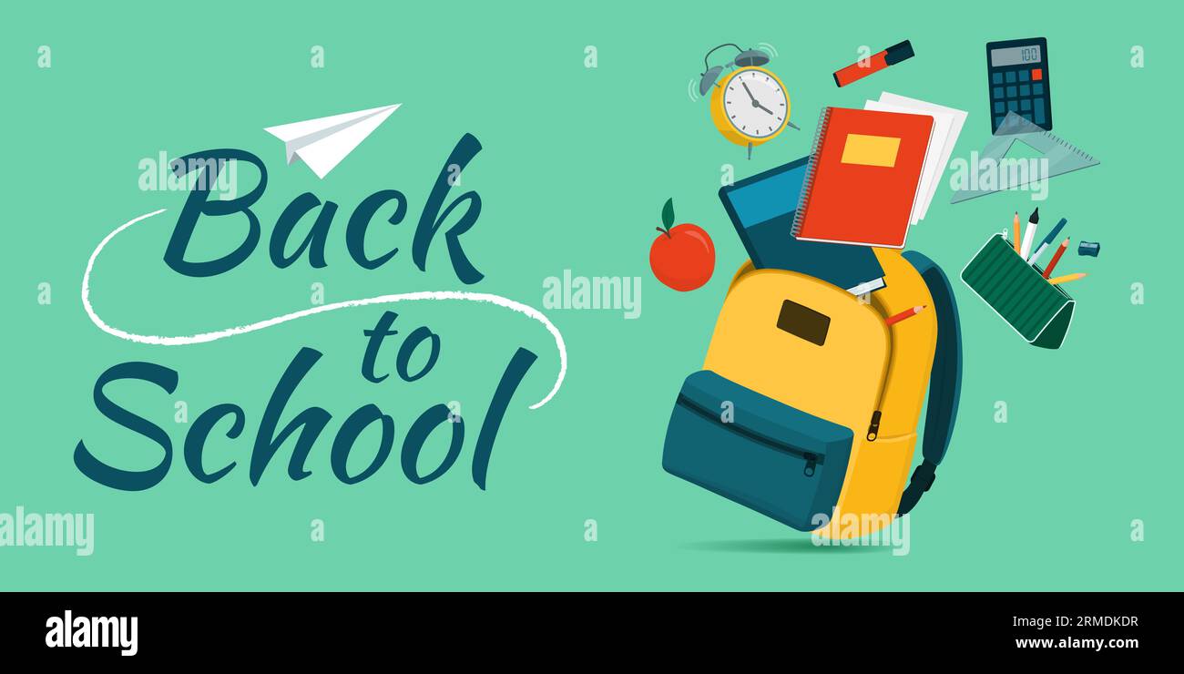 „Back to School“- und „Education“-Banner mit Schulausrüstung, die in einen Rucksack fällt, Kopierraum Stock Vektor