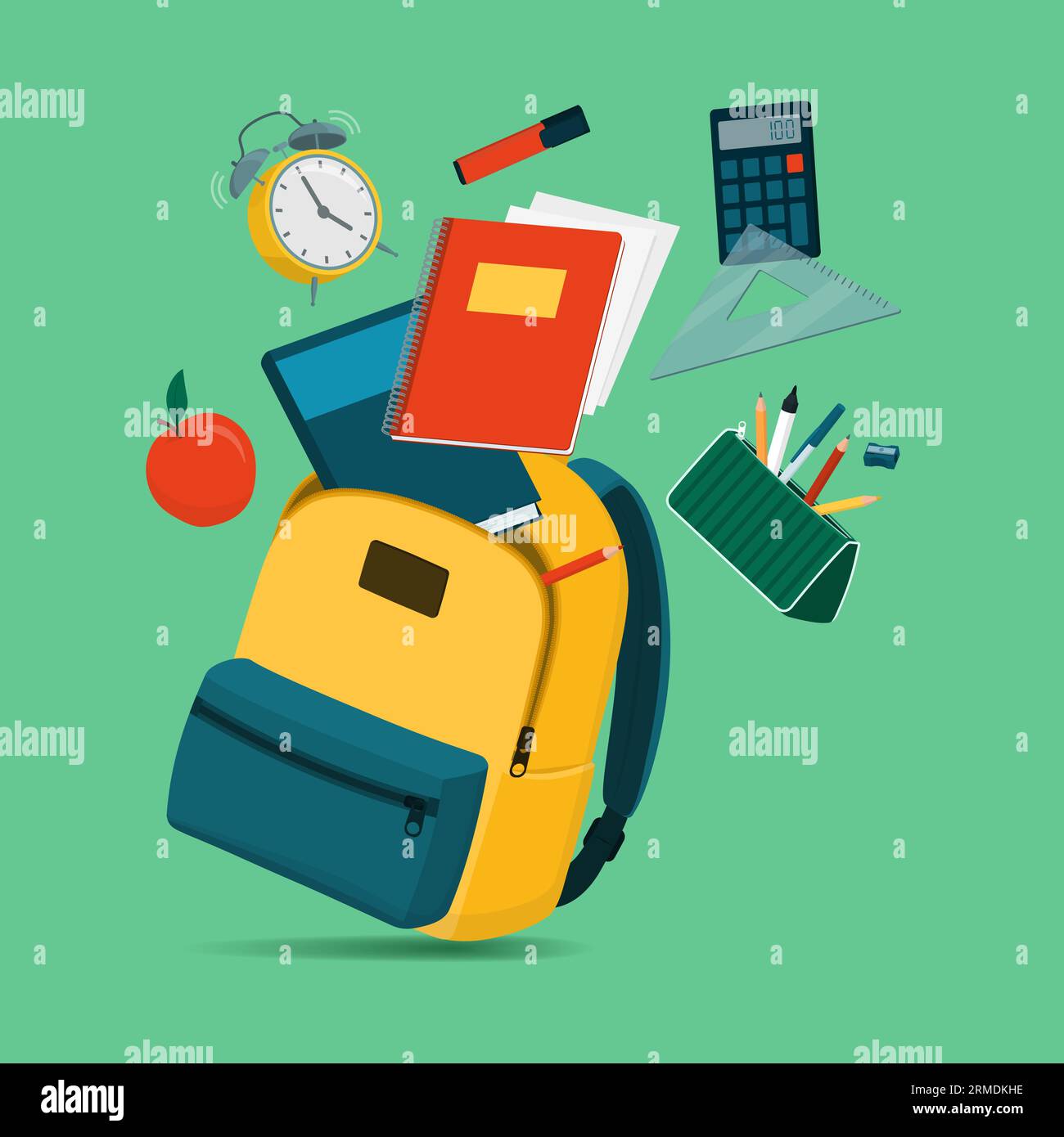 Bunte Schulausrüstung, die in einen offenen Rucksack fällt, ein Schulanfang und ein Bildungskonzept Stock Vektor