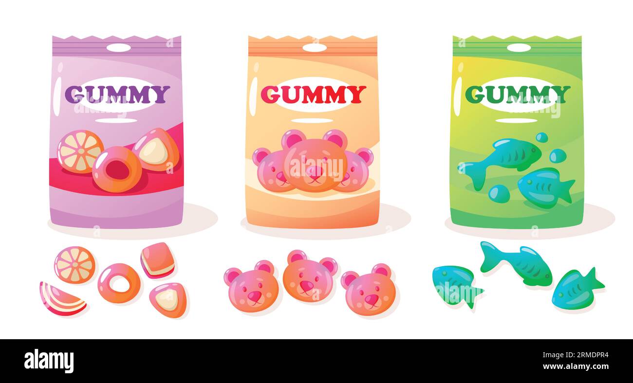 Packung mit Gelee-Kaugummi. Bunte, süße Gummibärchen, verschiedene bunte süße Obstsnacks für Kinder. Vector Buntes Set Stock Vektor