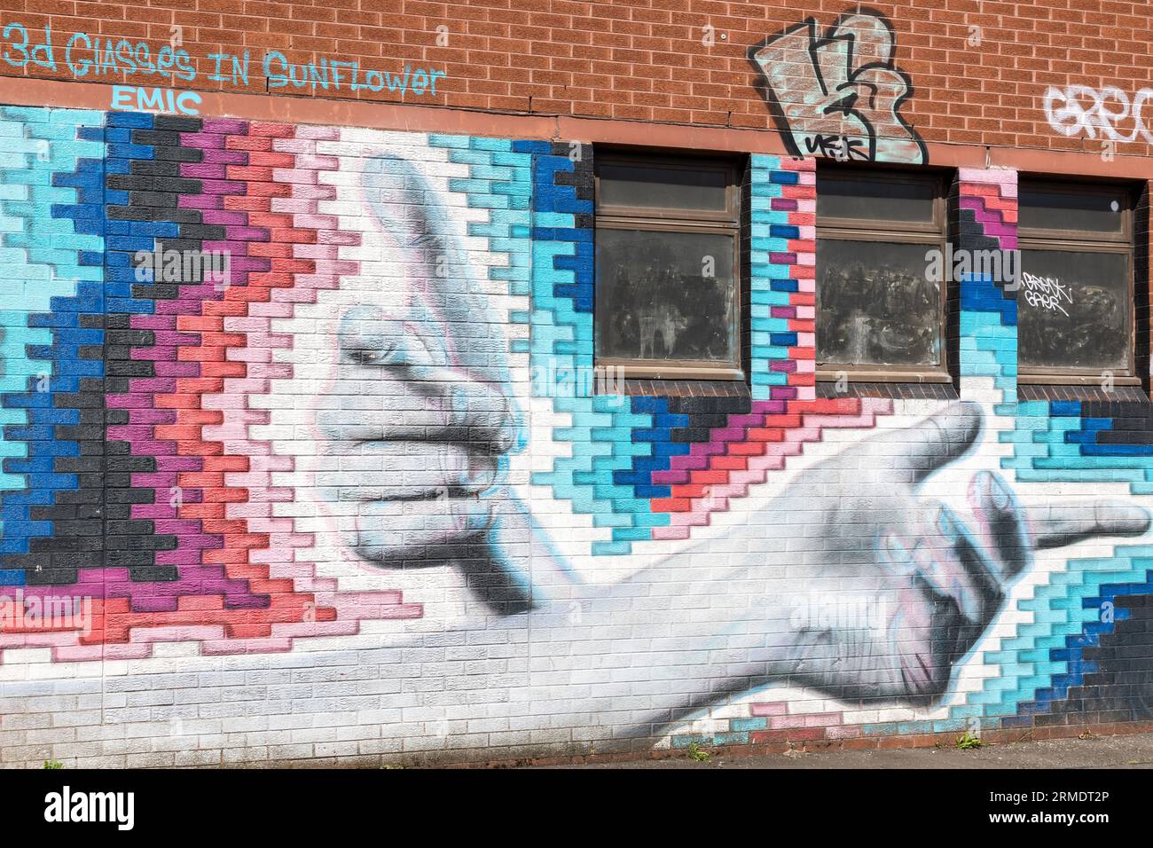 In der Nähe von Sunflower Public House, 3D-Wandgemälde des Künstlers EMIC, 'South East', Union Street, Street Art, Belfast, Nordirland, Vereinigtes Königreich Stockfoto