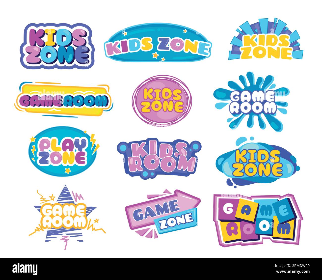 Kinderunterhaltungs-Emblem. Bunte kindliche Dekorationselemente für Kindergarten, Kinderzimmer und Kinderzimmer. Kindliches Vector-Logo-Set Stock Vektor