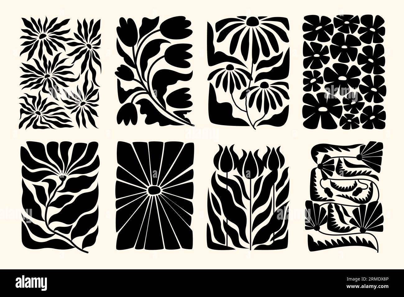 Blumenplakate von Matisse. Abstrakter Kunstdruck mit floralen Elementen der Natur, skandinavische Boho-Groovy abstrakte Kunst im Retro-Stil Vektorsatz Stock Vektor