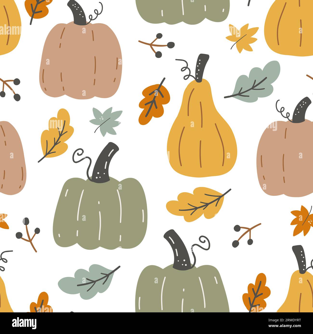 Nahtloses Herbstmuster mit Kürbissen und Blättern auf weißem Hintergrund. Die sich wiederholende Textur der Herbsternte. Endloses Design mit Gemüse. Stock Vektor