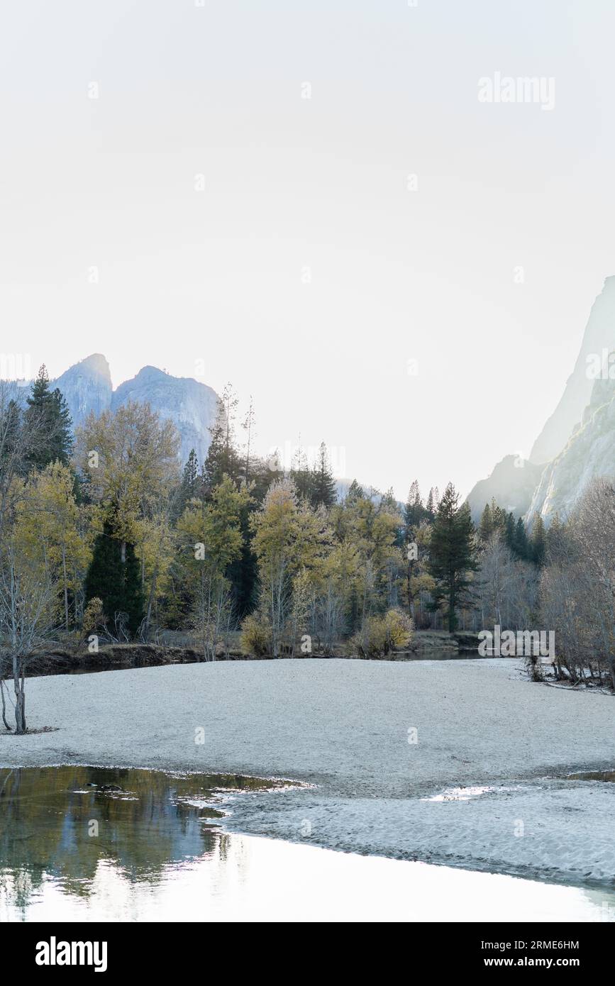 Ein Sonnenuntergang über Bäumen im Yosemite-Nationalpark Stockfoto