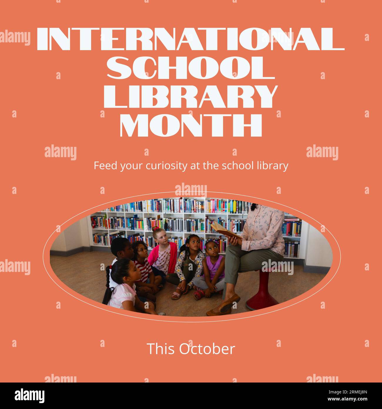 Diesen oktober, internationale Schulbibliothek Monatstext und verschiedene Kinder hören Lehrer Stockfoto