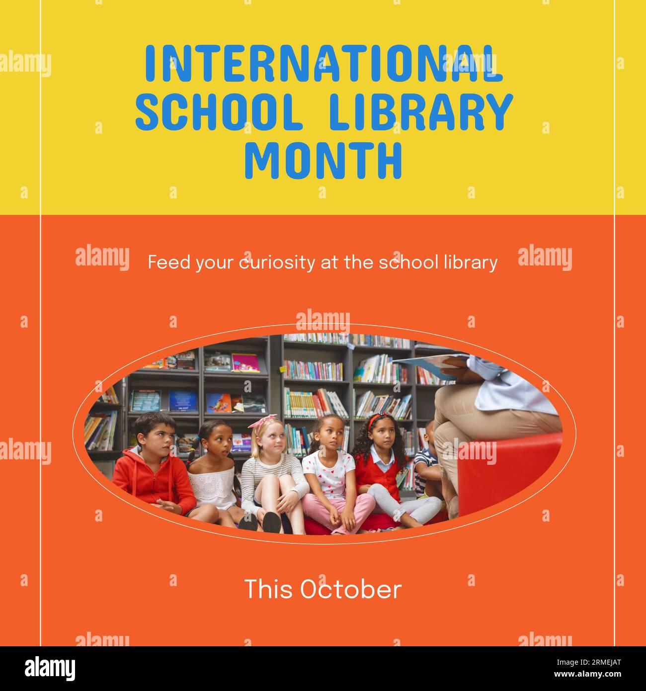 Diesen oktober, internationale Schulbibliothek Monatstext und verschiedene Kinder hören Lehrer Stockfoto