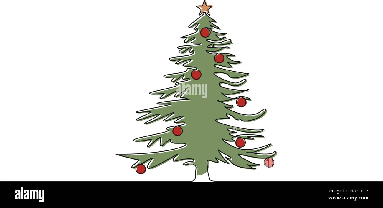 Farbige, durchgehende, einzeilige Zeichnung des weihnachtsbaums, Strichgrafik-Vektorillustration Stock Vektor