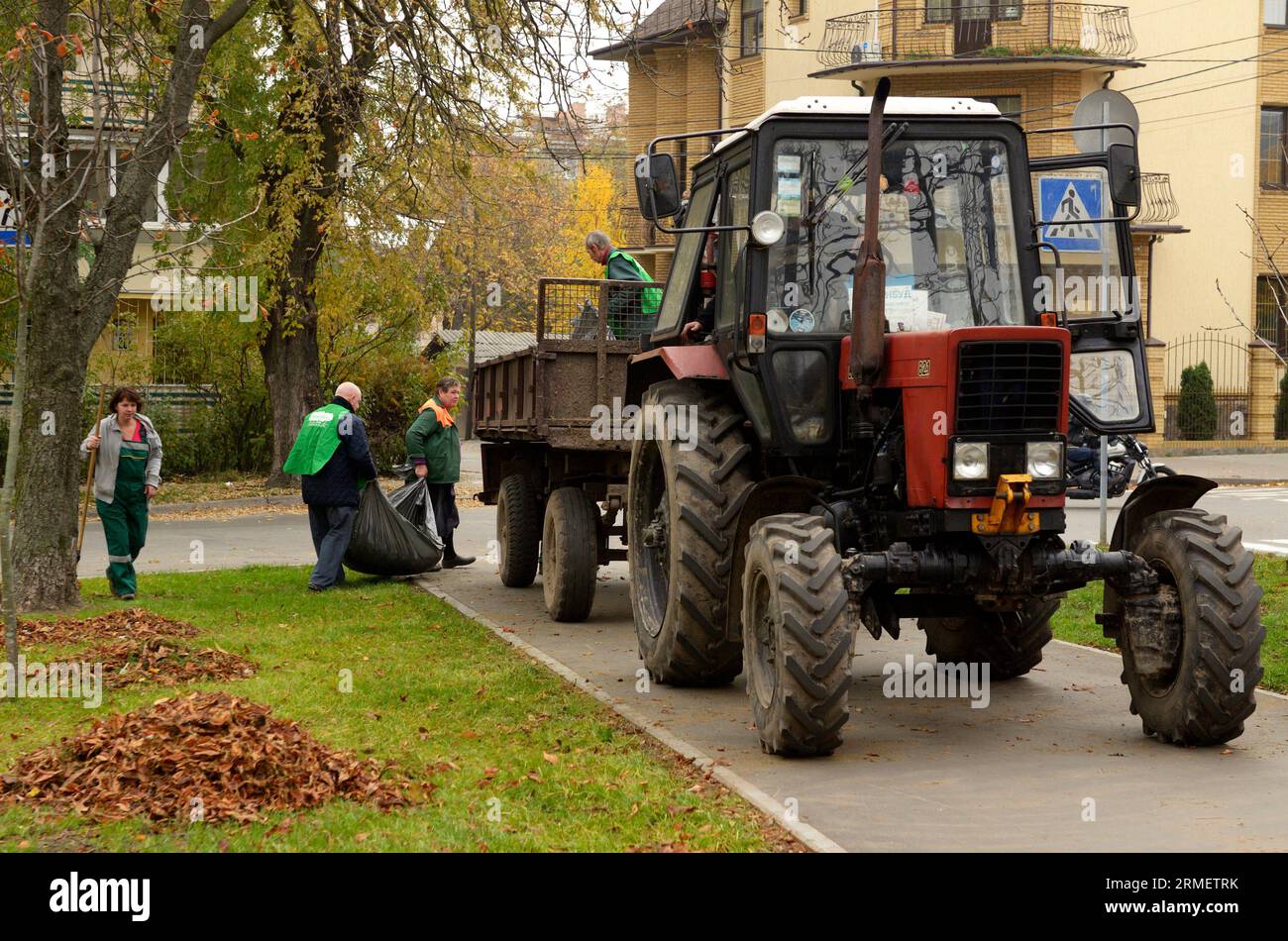 Reinigungsparks: Kommunale Kehrmaschinen, die Laubstapel auf einen Anhänger eines Traktors laden. Oktober 2017. Park Nivki. Kiew, Ukraine Stockfoto
