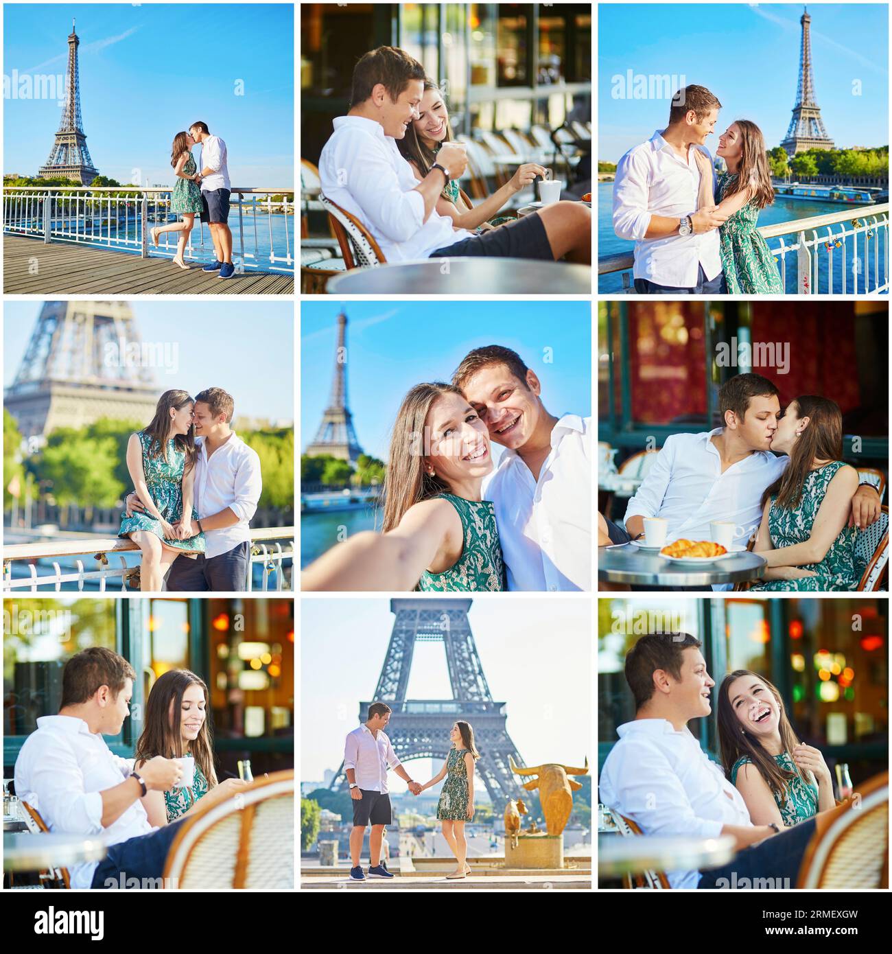 Collage mit einem jungen romantischen Paar, das ein Date hat, zusammen spaziert und Kaffee in Paris trinkt. Touristen im Urlaub in Frankreich Stockfoto
