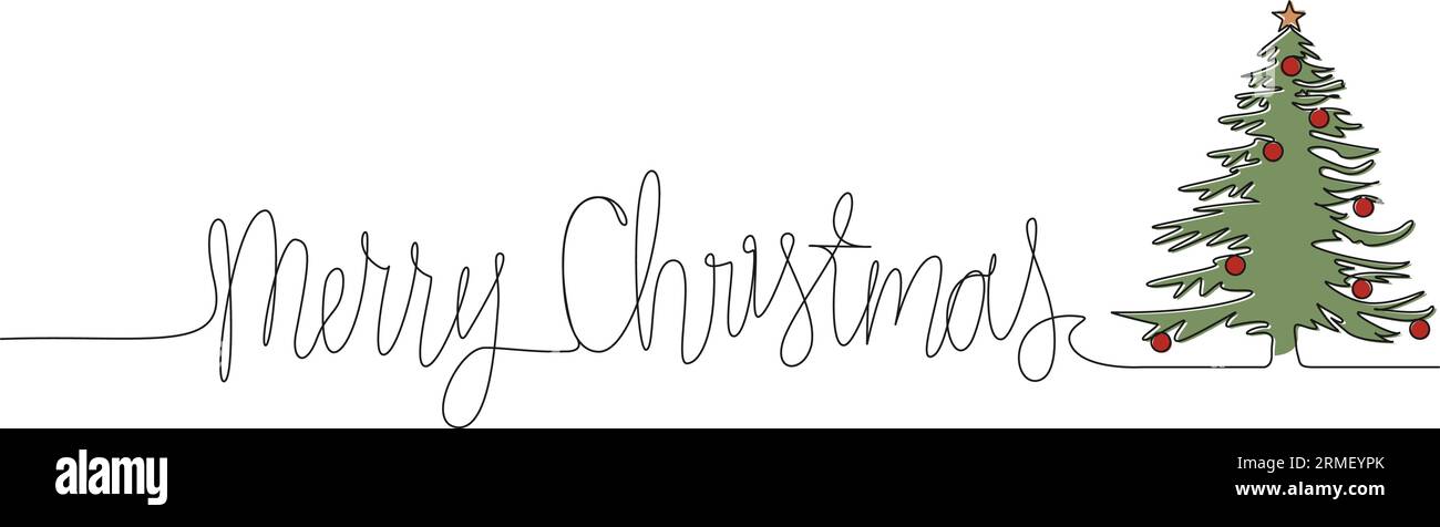 Durchgehende einzeilige Zeichnung des Wortes FROHE WEIHNACHTEN und weihnachtsbaum, Strichgrafik-Vektorillustration Stock Vektor