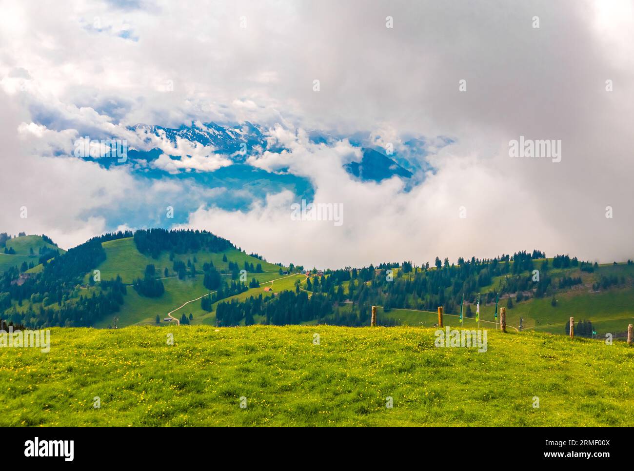 Wunderschöner Blick auf die Landschaft des Rigi Kulm mit den alpen im Hintergrund. Geologisch gesehen gehört der Rigi nicht zu den Alpen, sondern... Stockfoto