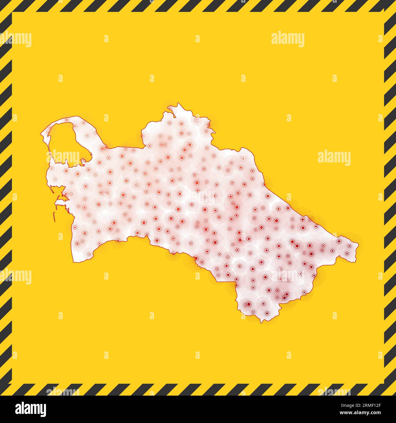 Turkmenistan geschlossen - Virus Gefahrenzeichen. Symbol „Land sperren“. Schwarz gestreifter Rand um die Karte mit Virenverbreitungskonzept. Vektorabbildung. Stock Vektor