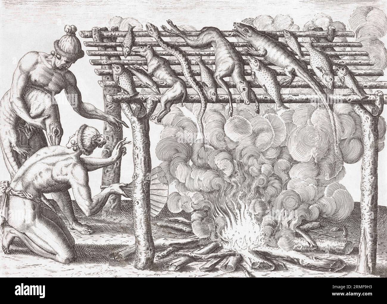 Zwei Indianer rauchen ihren Fang von einheimischen Tieren und Reptilien. Nach einem Werk von Theodor de Bry aus dem späten 16. Jahrhundert. Stockfoto