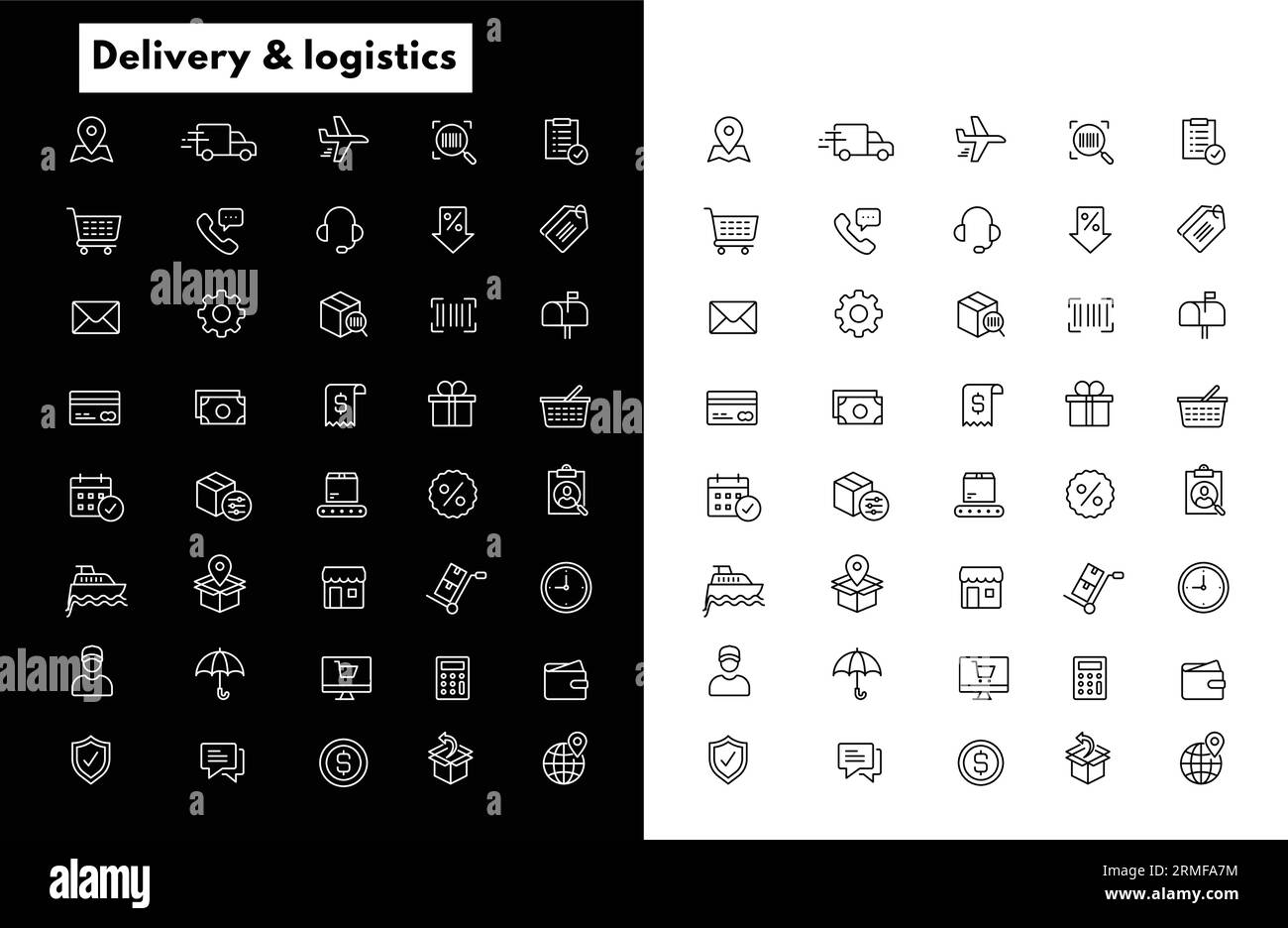 Symbole für den Versand von Online-Einkäufen, Symbole für den Versand per E-Commerce, Symbole für den Versand von Bestellungen, Symbole für den versand von Paketen, Symbole für den versand von Warenkörben, paketversand Stock Vektor