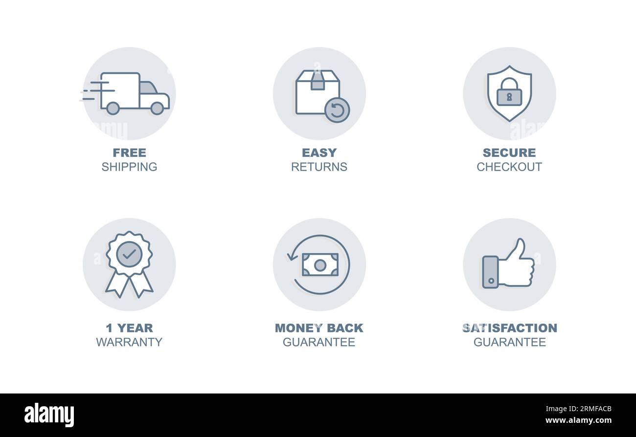 E-Commerce-Konfidenzsymbole: Kostenloser Versand, einfache Rückgabe, Geld-zurück-Garantie, Zufriedenheitsgarantie, sichere Kasse, und Garantie. Stock Vektor