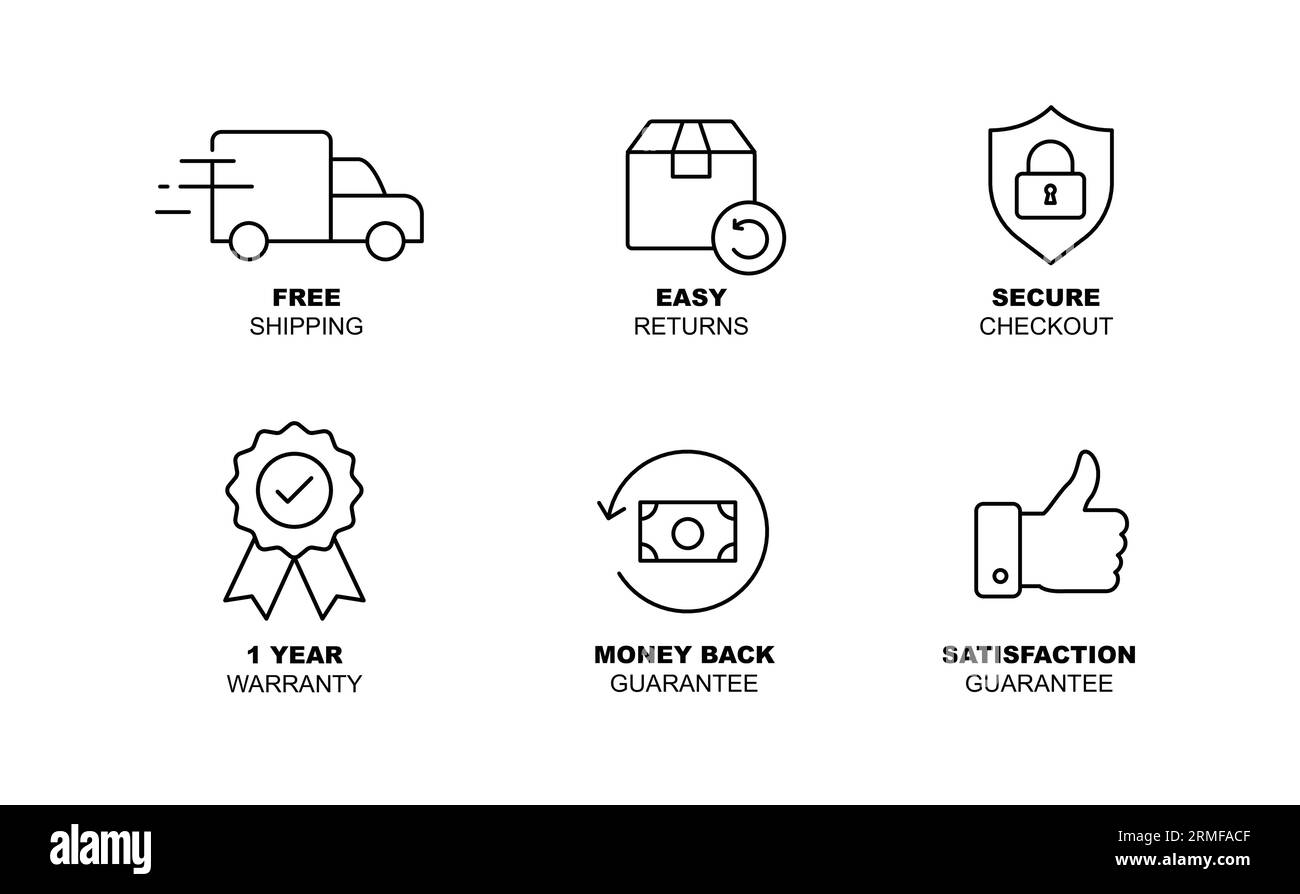 E-Commerce-Konfidenzsymbole: Kostenloser Versand, einfache Rückgabe, Geld-zurück-Garantie, Zufriedenheitsgarantie, sichere Kasse, und Garantie. Stock Vektor