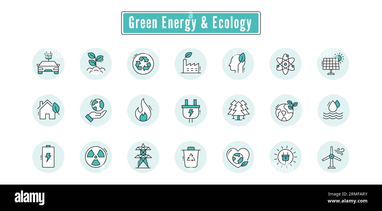 Grüne Energiesymbole: Erneuerbar, nachhaltig und umweltfreundlich. Stock Vektor