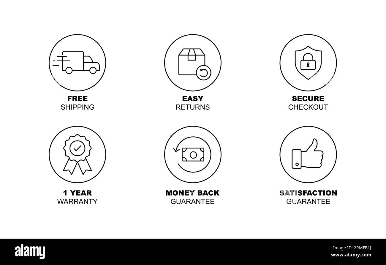 Symbole für sicheren E-Commerce: Kostenloser Versand, einfache Rückgabe, Geld-zurück-Garantie Stock Vektor