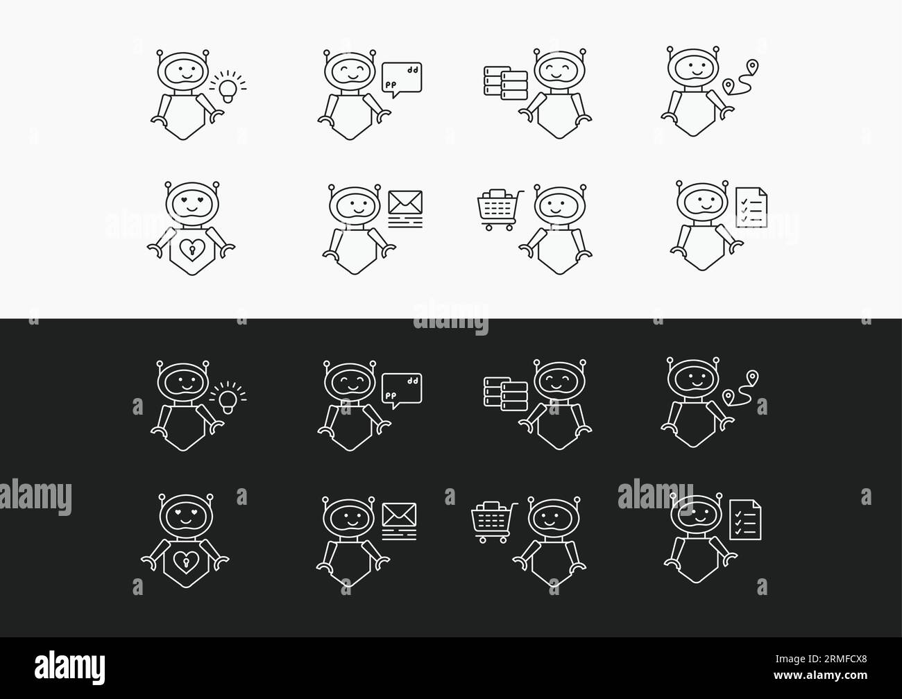 Innovative KI-Robotersymbole für kreative Projekte. AI Robot Illustration Pack für Künstliche Intelligenz, Chat, GPT und Automatisierungstechnik. Stock Vektor