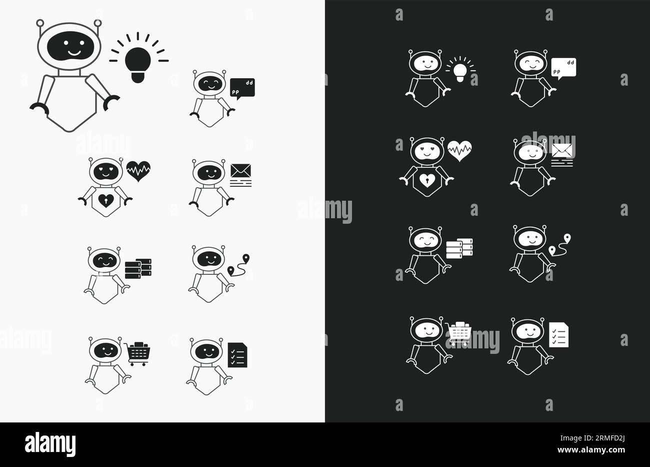 Innovative KI-Robotersymbole für kreative Projekte. AI Robot Illustration Pack für Künstliche Intelligenz, Chat, GPT und Automatisierungstechnik. Stock Vektor