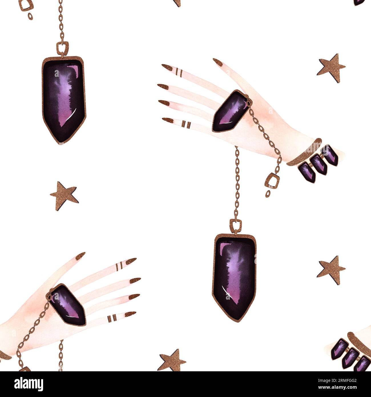 Magisches nahtloses Muster. Frauenhand mit einem Kristall an einer Kette und goldenen Sternen. Ritual zur Vorhersage der Zukunft. Lithomancy. Mystische Wahrsagung. Whit Stockfoto