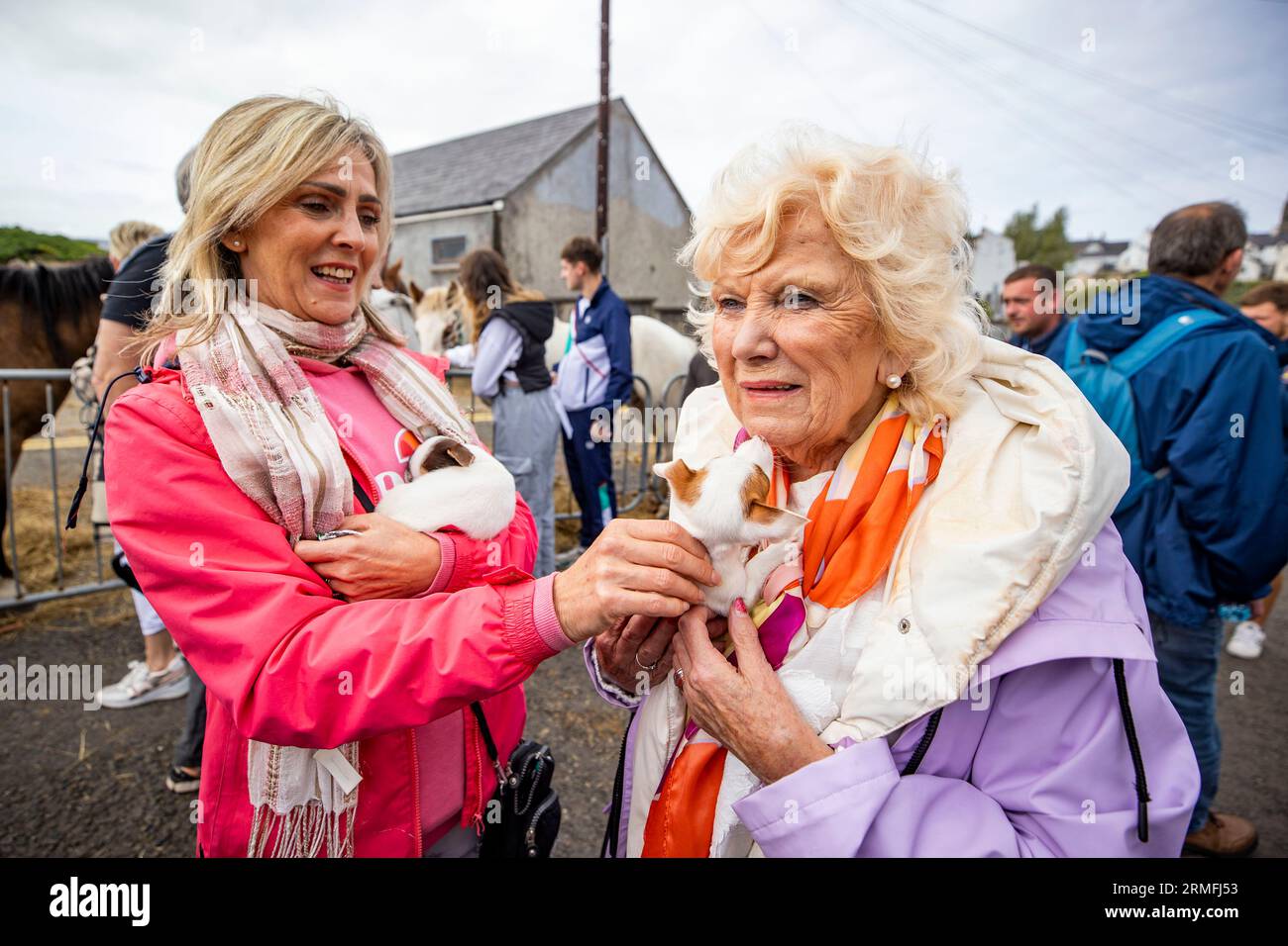 Donna Spears und ihre Mutter Anne Watson aus Lisburn halten zwei Jack Chi (Jack Russell Chihuahua Mix) Hunde zum Verkauf während der Ould Lammas Fair, Irlands ältester traditioneller Messe, am Bankfeiertag Montag in Ballycastle, Nordirland. Bilddatum: Montag, 28. August 2023. Stockfoto