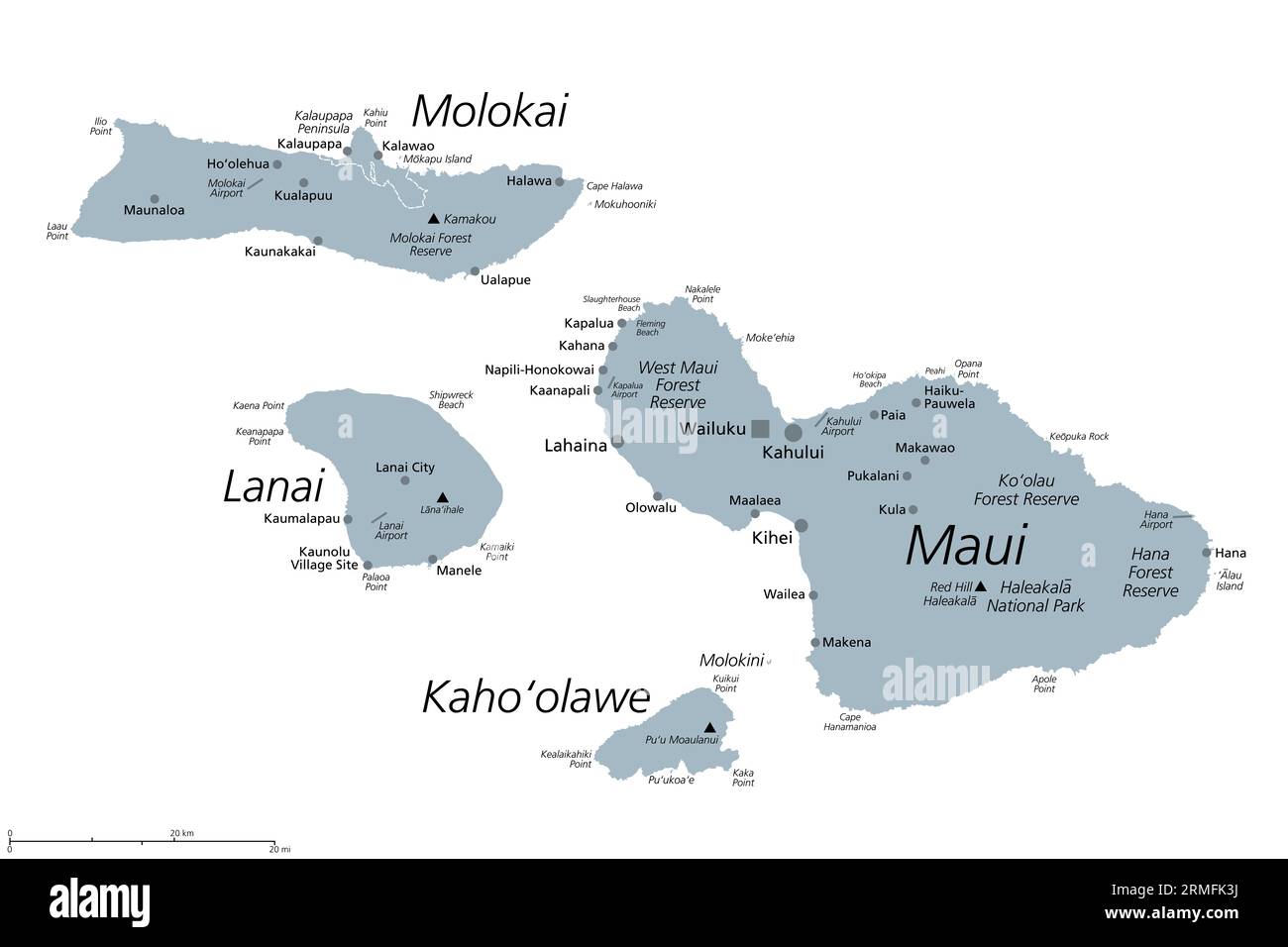 Maui County im US-Bundesstaat Hawaii, graue politische Landkarte mit Wailuku als Sitz. Bestehend aus den Inseln Maui, Lanai, Molokai, Kahoolawe und Molokini. Stockfoto