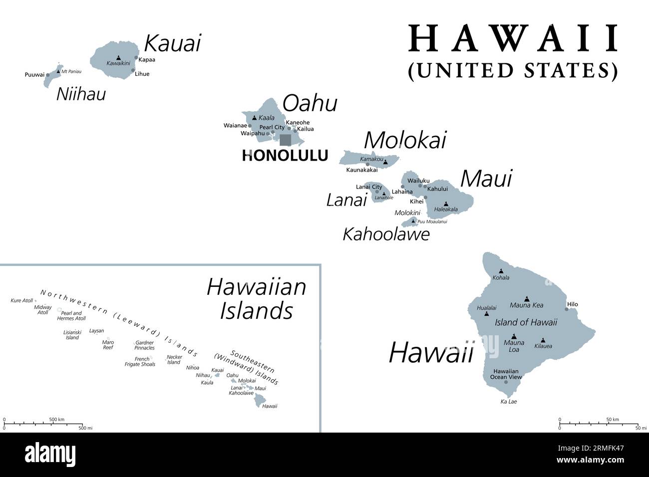 Hawaiianische Inseln, graue politische Karte. Archipel mit 8 großen vulkanischen Inseln, mehreren Atollen und zahlreichen kleineren Inseln im Nordpazifik. Stockfoto