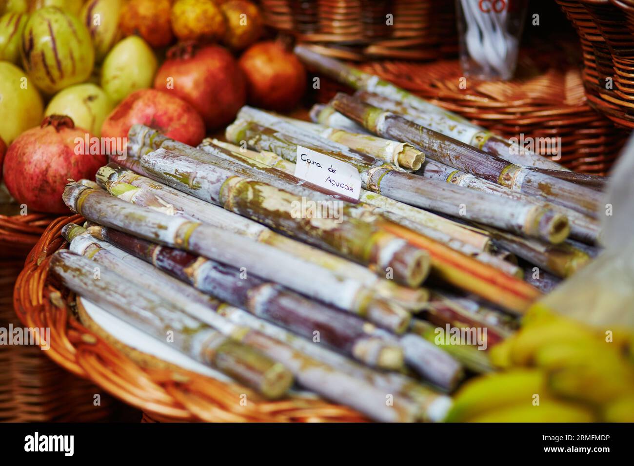 Grüne Zuckerstangen auf dem traditionellen Bauernmarkt Mercado dos Lavradores, Funchal, Madeira, Portugal Stockfoto