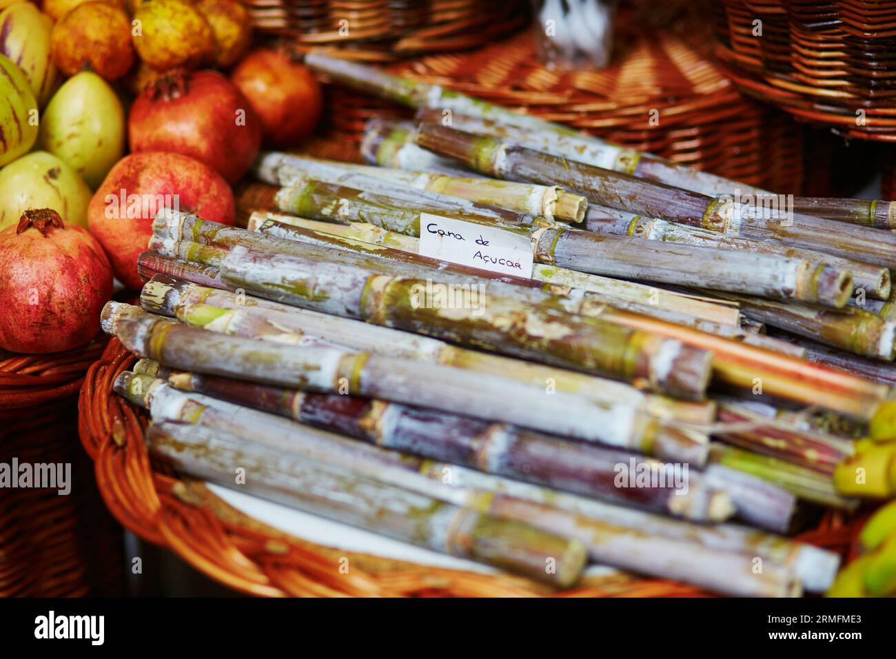 Grüne Zuckerstangen auf dem traditionellen Bauernmarkt Mercado dos Lavradores, Funchal, Madeira, Portugal Stockfoto