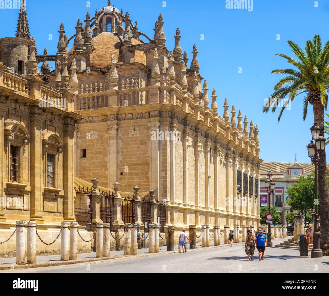 Südfassade der Kathedrale von Sevilla; Blick von der nordwestlichen Ecke des Archivo General de Indias-Gebäudes. Sevilla, Andalusien, Spanien. Stockfoto