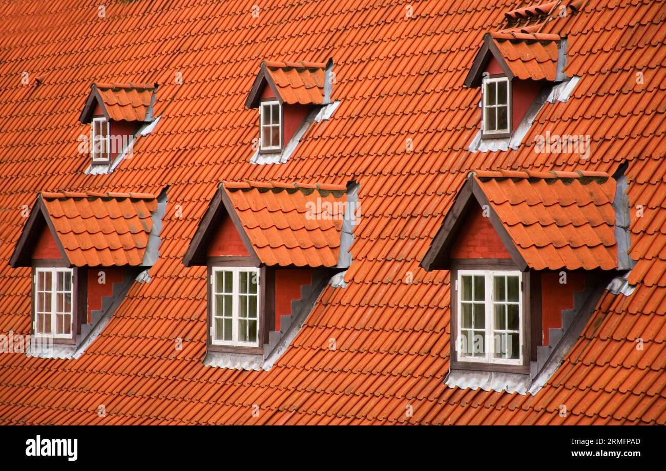 Rotes Ziegeldach und Garrets Stockfoto
