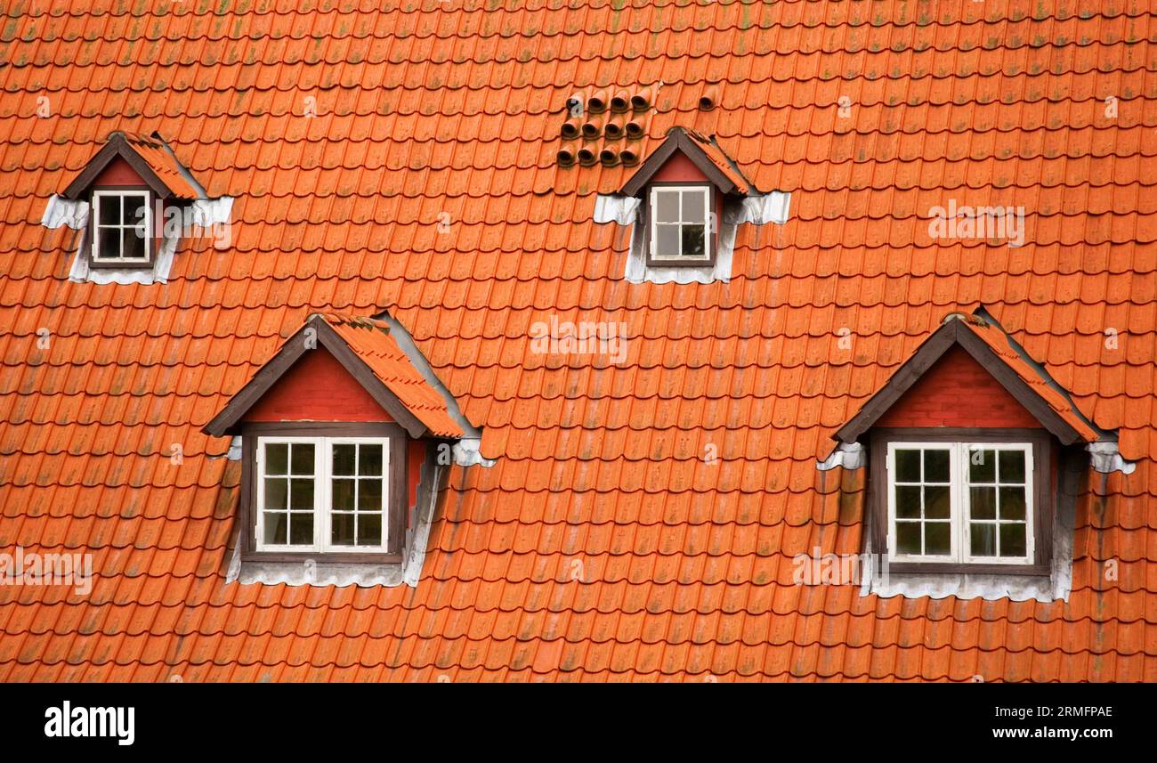 Rotes Ziegeldach und Garrets Stockfoto