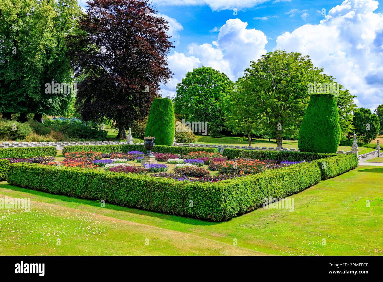 Eine farbenfrohe Ausstellung von Bettzeug-Pflanzen im historischen Lanhydrock House and Gardens, Nr Bodmin, Cornwall, England, Großbritannien Stockfoto