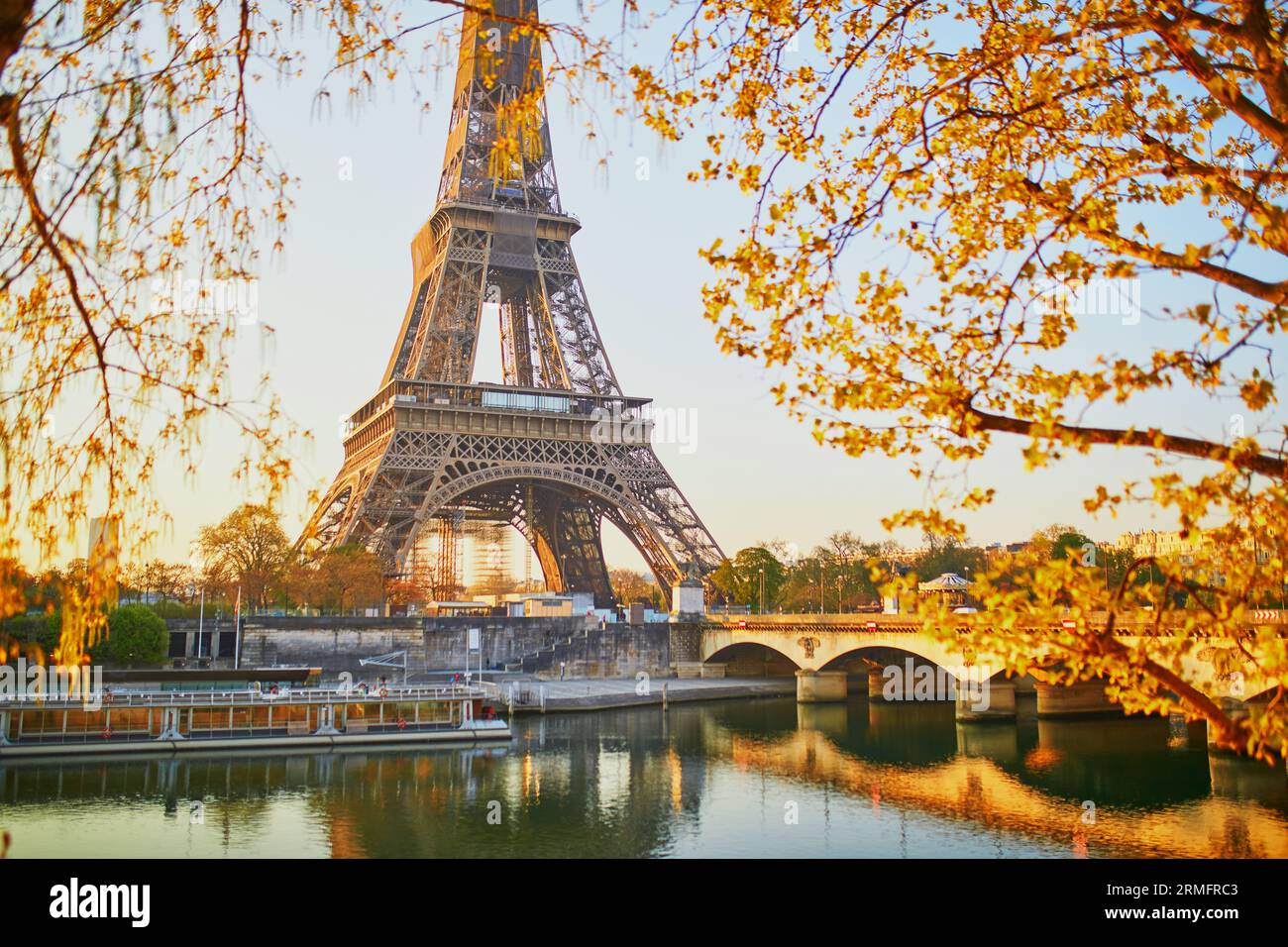 Malerischer Blick auf den Eiffelturm und die Ienabrücke über die seine mit Zweigen mit ersten Blättern am frühen Morgen. Frühling in Paris, Frankreich Stockfoto