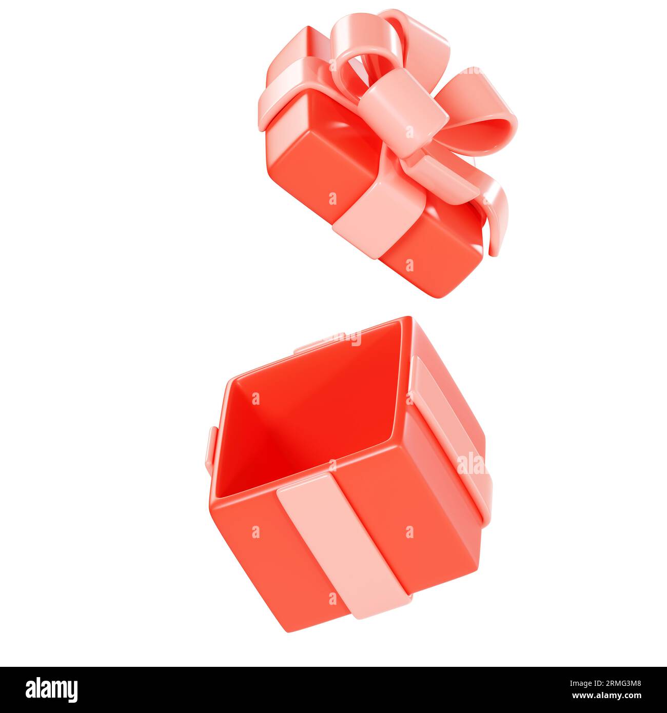Offene Geschenkbox 3D-Illustration - gewickeltes rotes Paket mit rosa ribon und schwebender Schleife und Kappe. Stockfoto