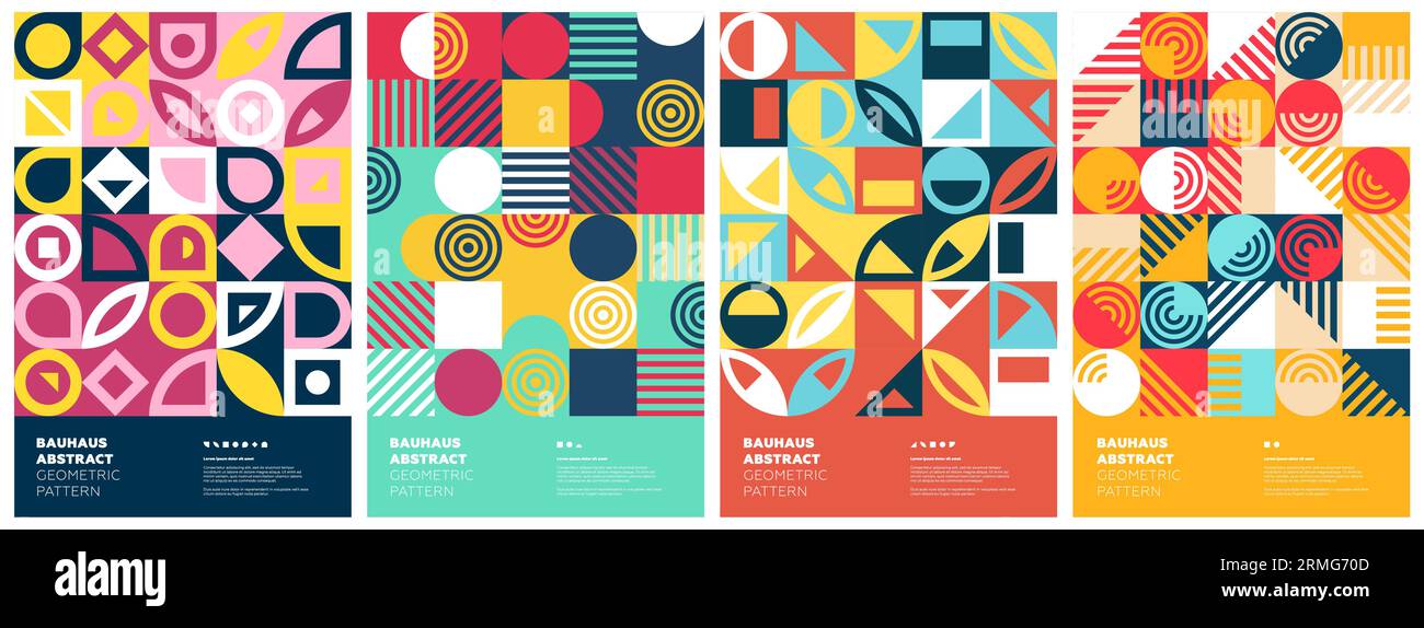 Abstrakte geometrische bauhaus-Kunstwerke. Poster-Set mit einfachen Formen und Collage. Hintergrundsammlung mit Memphis-Muster. Moderne, trendige Grafikgemälde im Retro-Stil. Vintage postmoderne Kunst Druck Vektor-EPS-Designs Stock Vektor