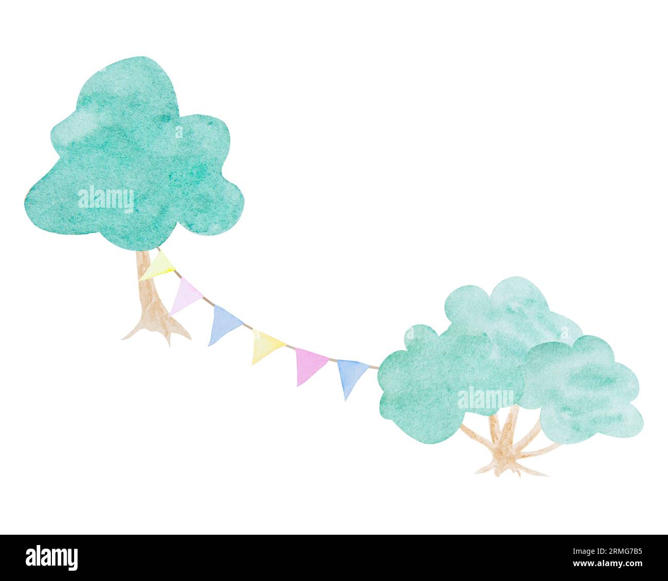 Von Hand gezeichneter Baum in Aquarellfarben mit farbenfroher Girlande im Kinderstil. Niedliches Designelement aus Grußkarten, Einladungen, Textil. Kann sein Stockfoto