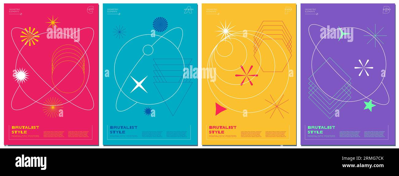 Abstraktes Brutalismus-Poster mit geometrischen linearen Planeten und memphis-Formen auf farbenfrohem Raumhintergrund. Moderner brutalistischer Stil minimalistischer Grafikdruck. Brutales, trendiges y2k-Design im Vektordesign Stock Vektor